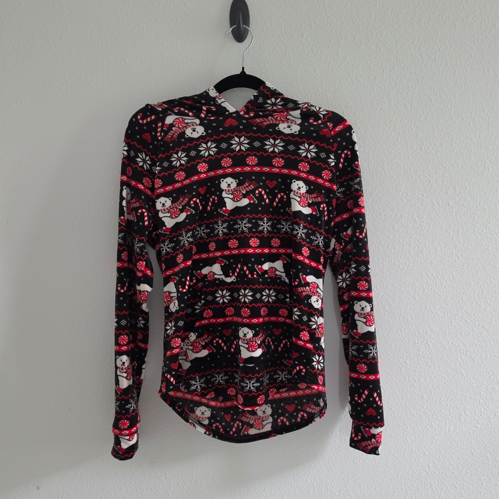 Womens Polar Bear Holiday Hoodie Fleece Pullover Black Red size M 7-9